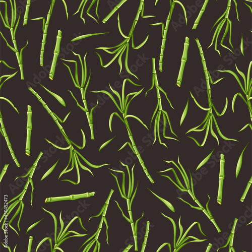 Green sugar cane stems and leaves on a brown background seamless pattern. Vector cartoon background