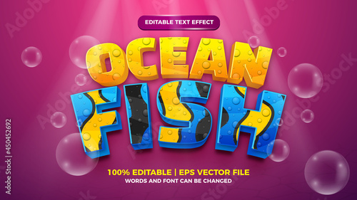 Editable text effect - sea fish cute style 3d template on deep sea background