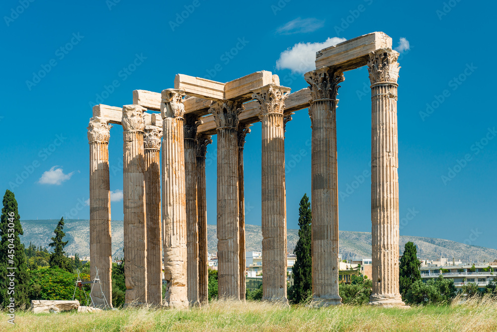 Greek Olympian Zeus temple, landscape with ancient ruins in Athens, Greece