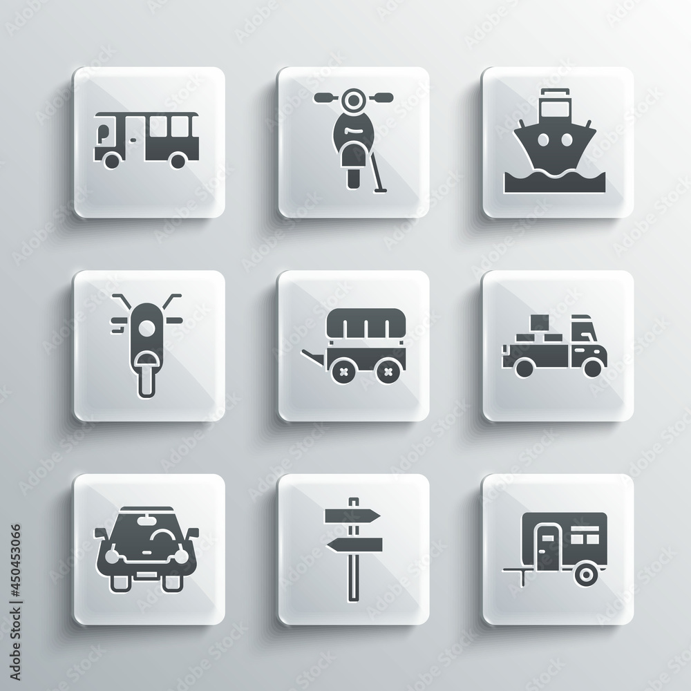 Set Road traffic signpost, Rv Camping trailer, Delivery truck, Wild west covered wagon, Car, Scooter, Bus and Cargo ship icon. Vector Set Road traffic signpost, Rv Camping trailer, Delivery truck, Wild west covered wagon, Car, Scooter, Bus and Cargo ship icon. Vector