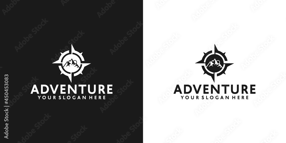 mountains vintage logo and direction compass in black and white