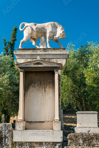 Statue of Bull in archaeological site of  Kerameikos, the cemetery of ancient Athens in Greece photo