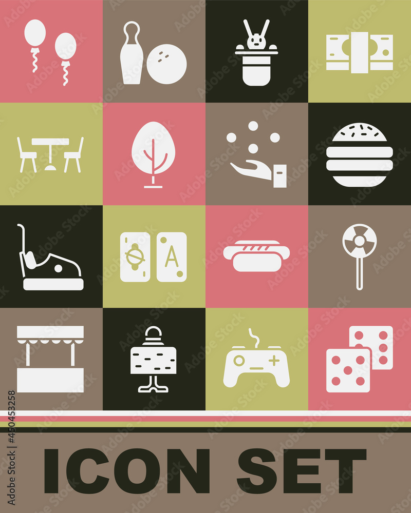 Set Game dice, Lollipop, Burger, Magician hat and rabbit, Tree, Picnic table with chairs, Balloons and Juggling ball icon. Vector Set Game dice, Lollipop, Burger, Magician hat and rabbit, Tree, Picnic table with chairs, Balloons and Juggling ball icon. Vector