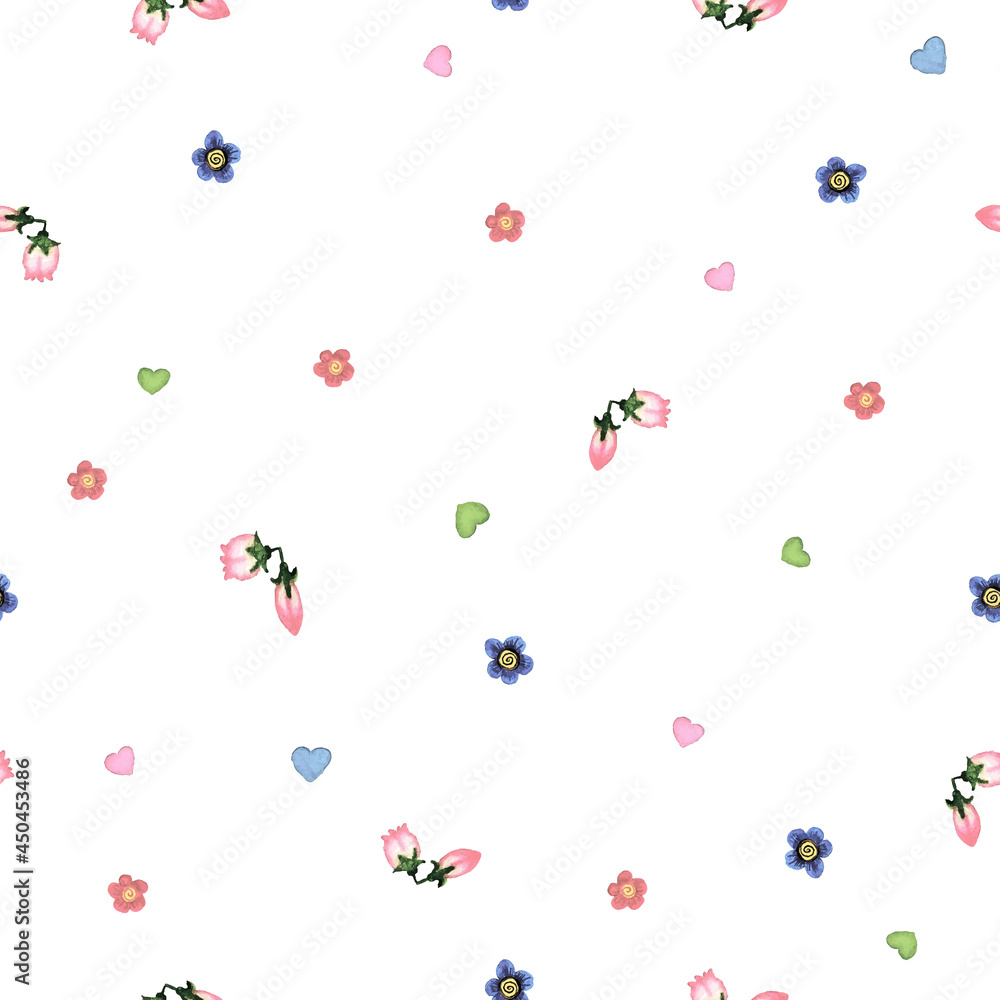 Flowers and hearts seamless pattern on a white background, small drawing.