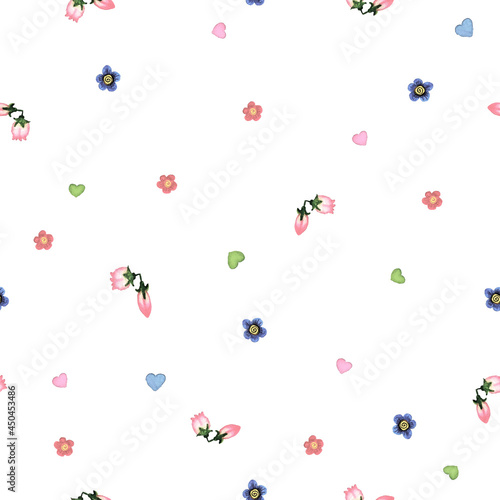 Flowers and hearts seamless pattern on a white background, small drawing.