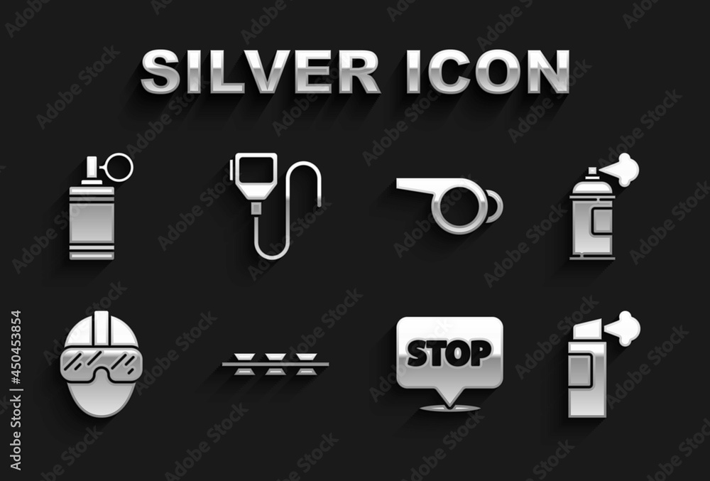 Set Barbed wire, Paint spray can, Pepper, Protest, Special forces soldier, Whistle, Hand grenade and Walkie talkie icon. Vector Set Barbed wire, Paint spray can, Pepper, Protest, Special forces soldier, Whistle, Hand grenade and Walkie talkie icon. Vector