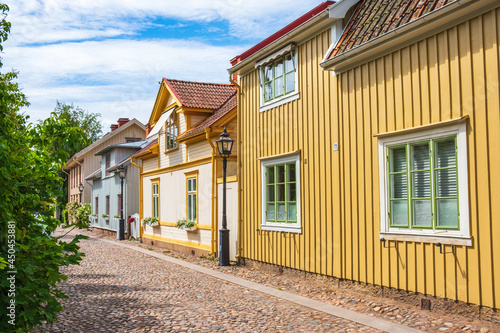 Cobblestone street with beautiful old wooden houses