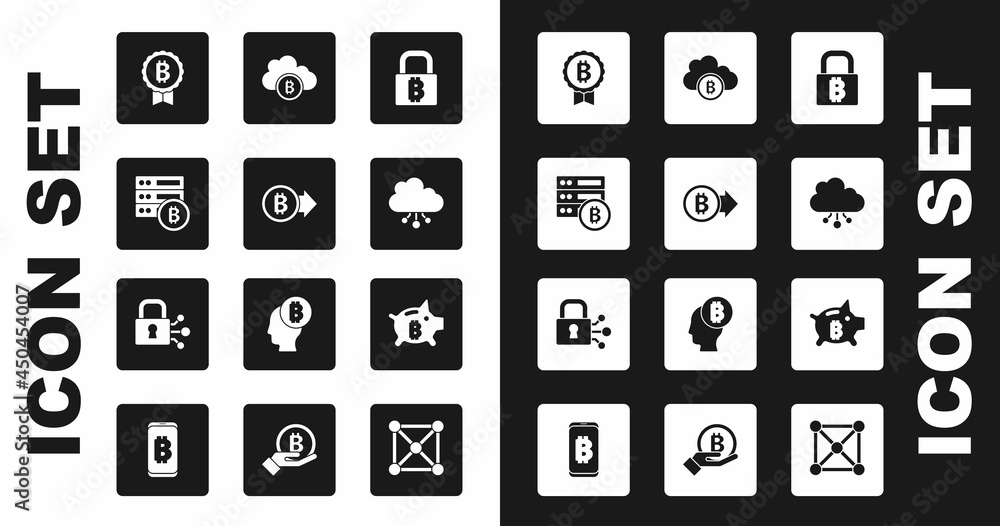 Set Lock with bitcoin, Bitcoin, Server, Cryptocurrency cloud mining, Piggy bank and icon. Vector Set Lock with bitcoin, Bitcoin, Server, Cryptocurrency cloud mining, Piggy bank and icon. Vector