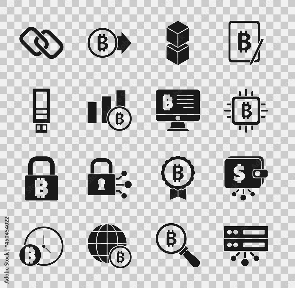 Fototapeta premium Set Server, Cryptocurrency wallet, CPU mining farm, Blockchain technology, Pie chart infographic bitcoin, USB flash drive, Chain link and Mining from monitor icon. Vector
