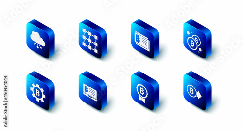 Set Blockchain technology, Bitcoin browser, Mining bitcoin from laptop, Cryptocurrency and cloud mining icon. Vector