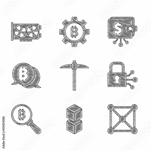 Set Pickaxe, Blockchain technology, Lock with bitcoin, Magnifying glass Bitcoin, Cryptocurrency wallet and Video graphic card icon. Vector