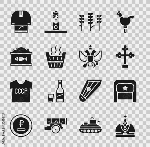 Set King crown, Ushanka, Christian cross, Wheat, Sauna bucket, Tin can with caviar, Kosovorotka and National emblem of Russia icon. Vector