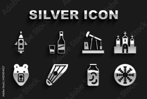 Set Kankles, Church building, Snowflake, Pickled cucumbers jar, Bear head, Oil pump or pump jack, Rocket ship and Bottle of vodka with glass icon. Vector