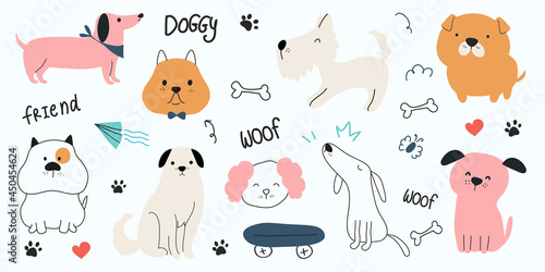 Cute dogs watercolor doodle vector set. Cartoon dog or puppy characters design collection with flat color in different poses. Set of purebred pet animals isolated on white background.