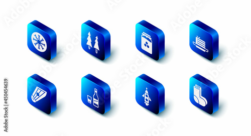 Set Christmas tree, Jar of honey, Medovik, Valenki, Rocket ship, Bottle vodka with glass, Kankles and Snowflake icon. Vector