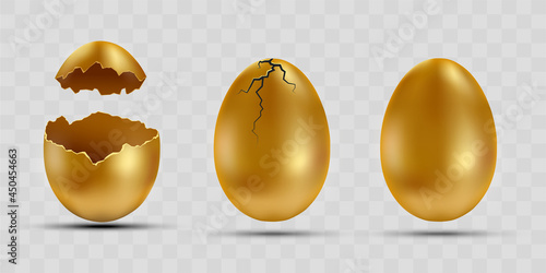 Set of golden eggs with broken shells.