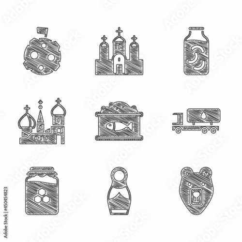Set Tin can with caviar, Russian doll matryoshka, Bear head, Tanker truck, Jar of honey, Saint Basil's Cathedral, Pickled cucumbers jar and Moon flag icon. Vector