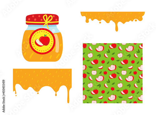 Set illustration with apple jam. Glass jar with label and red jam. Flowing liquid apple jam.