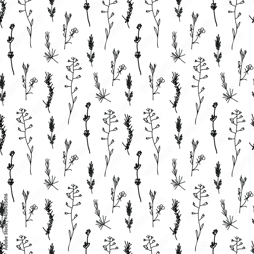 Seamless vector pattern with garden and wildflowers in black line on white isolated background.Botanical,floral hand drawn doodle style print.Designs for textiles,fabric,wrapping paper,scrapbook paper