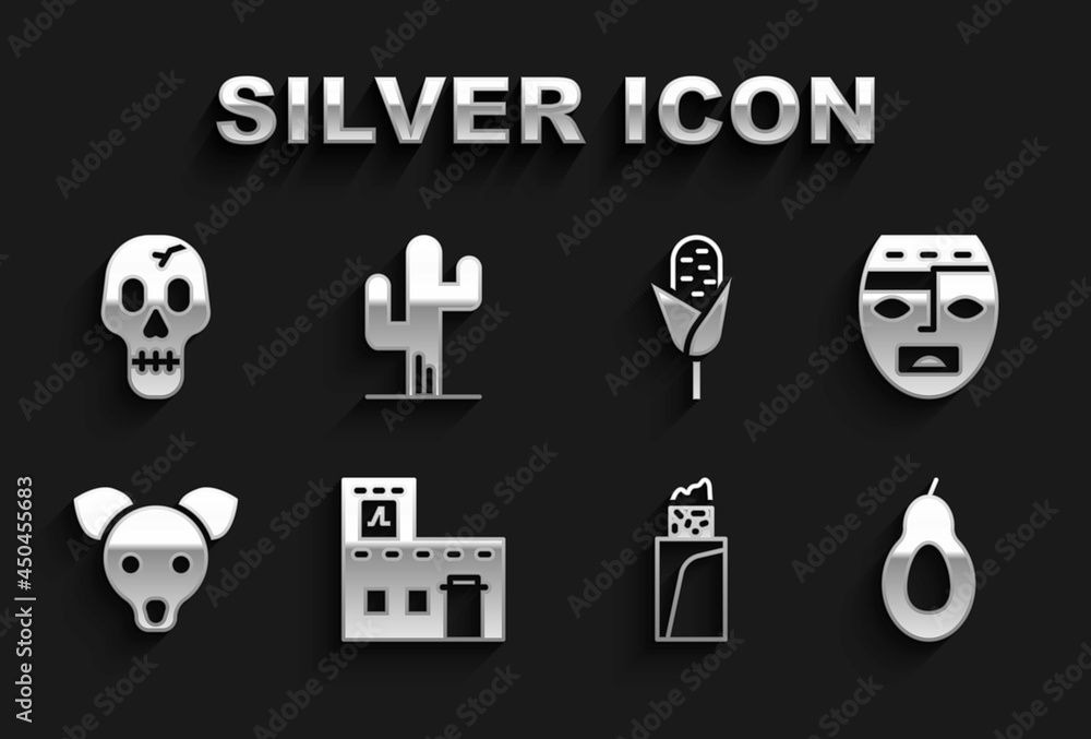 Set Mexican house, Aztec mask, Avocado, Burrito, Dog, Corn, Skull and Cactus icon. Vector Set Mexican house, Aztec mask, Avocado, Burrito, Dog, Corn, Skull and Cactus icon. Vector