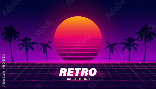 Bright banner, poster, background, wallpaper in retro 80s style with modern design elements. Neon light, gradient mesh, geometric shapes. Vintage. 