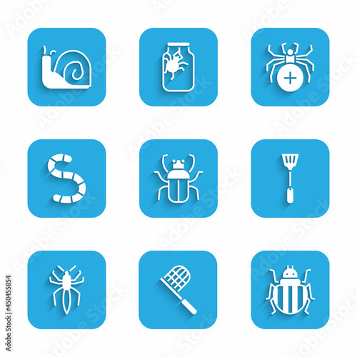 Set Stink bug, Butterfly net, Colorado beetle, Fly swatter, Spider, Worm, and Snail icon. Vector