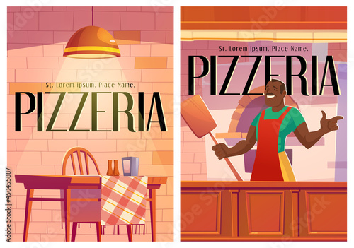 Pizzeria posters with cozy cafe interior and chef