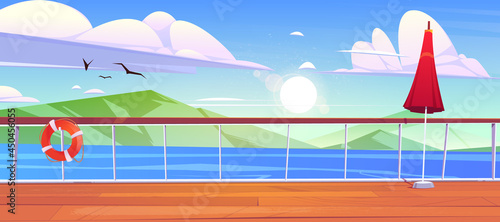 View from cruise ship deck to sea with mountains