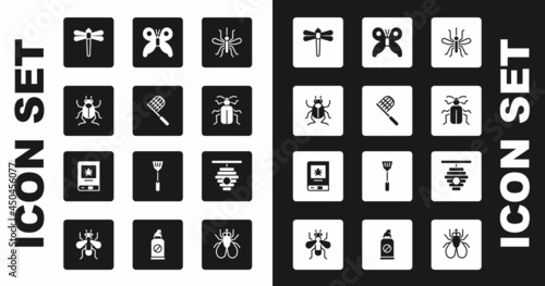 Set Mosquito, Butterfly net, Beetle bug, Dragonfly, Chafer beetle, Hive for bees and Book about insect icon. Vector