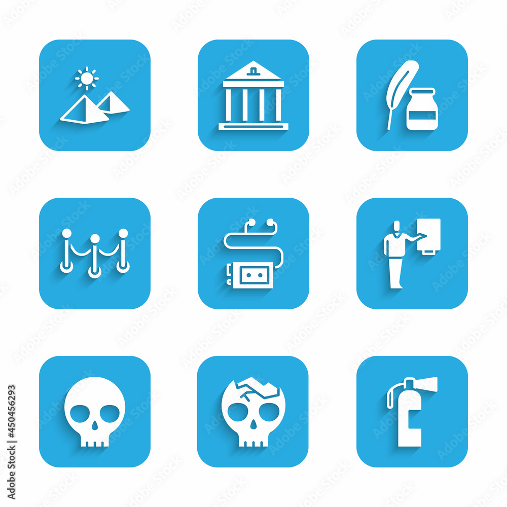 Set Museum audio guide, Broken human skull, Fire extinguisher, Human, Rope barrier, Feather and inkwell and Egypt pyramids icon. Vector Set Museum audio guide, Broken human skull, Fire extinguisher, Human, Rope barrier, Feather and inkwell and Egypt pyramids icon. Vector