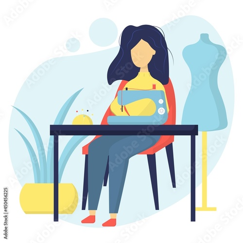 Illustration of a seamstress. Flower girl sews on a sewing machine. Dressmaker's workplace.