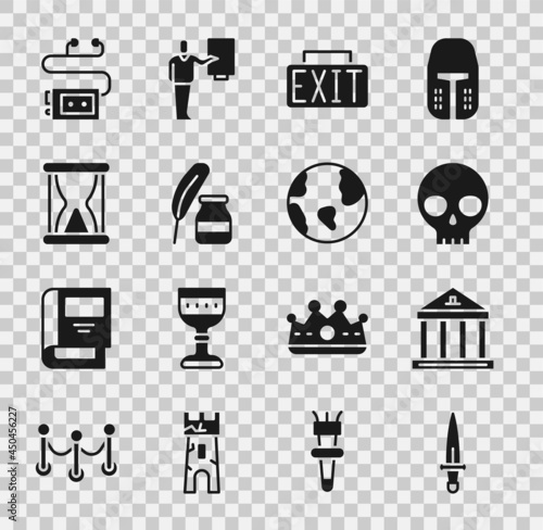 Set Dagger, Museum building, Human skull, Exit sign, Feather and inkwell, Old hourglass with sand, audio guide and Earth globe icon. Vector