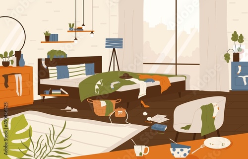 Messy bedroom in modern style with bed, desk, chair, trash and clothing scattered on floor. Household chaos concept. Flat cartoon vector inhouse illustration.
