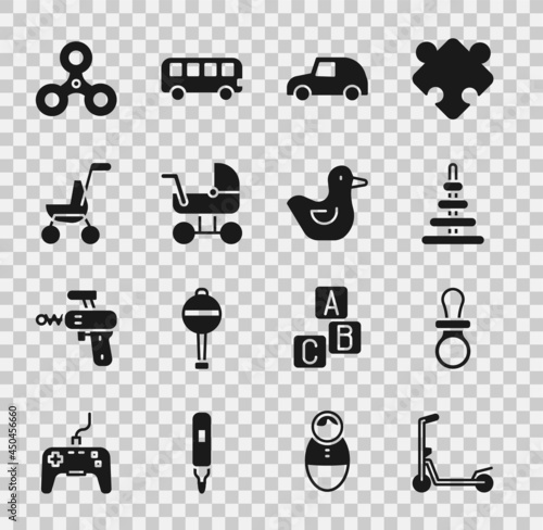 Set Scooter, Baby dummy pacifier, Pyramid toy, Toy car, stroller, Fidget spinner and Rubber duck icon. Vector