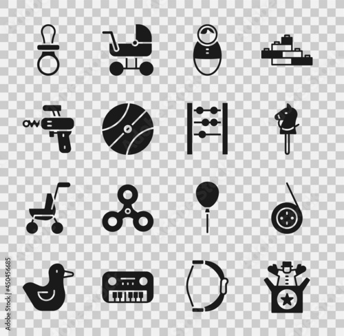 Set Jack in the box toy, Yoyo, Toy horse, Tumbler doll, Basketball ball, Ray gun, Baby dummy pacifier and Abacus icon. Vector