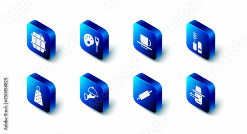 Set Paint brush with palette, Coffee cup, Mascara, Pinocchio, Rolling pin, Covered tray food, Grater and Barrel for wine icon. Vector