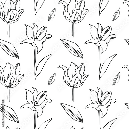 Seamless floral pattern in black line on white isolated background.Cute,modern,fantasy,botanical hand drawn doodle style print.Designs for textiles,wallpaper,fabric,wrapping paper,scrapbook paper.