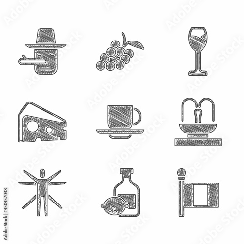 Set Coffee cup, Limoncello bottle, Flag Italy, Fountain, Vitruvian Man, Cheese, Wine glass and Pinocchio icon. Vector