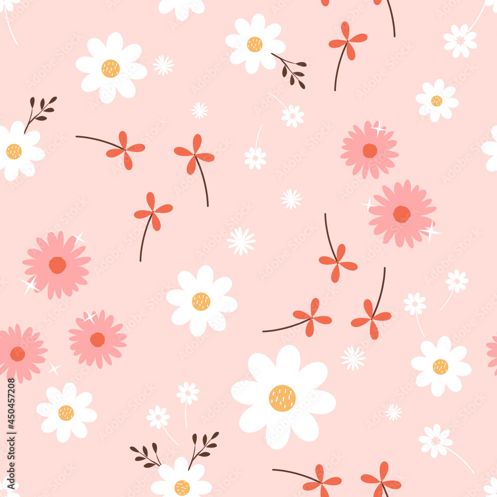 Fototapeta premium Seamless pattern with cute flowers on pink background vector illustration.