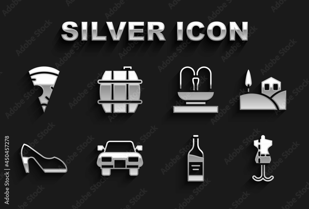 Set Car, Village landscape, Mannequin, Bottle of wine, Woman shoe, Fountain, Slice pizza and Barrel for icon. Vector Set Car, Village landscape, Mannequin, Bottle of wine, Woman shoe, Fountain, Slice pizza and Barrel for icon. Vector