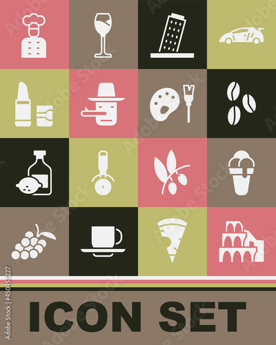 Set Coliseum in Rome, Ice cream, Coffee beans, Tower Pisa, Pinocchio, Lipstick, Italian cook and Paint brush with palette icon. Vector