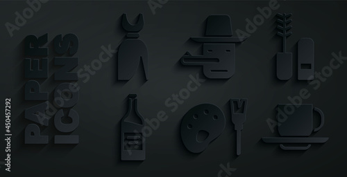 Set Paint brush with palette, Mascara, Bottle of wine, Coffee cup, Pinocchio and Woman dress icon. Vector