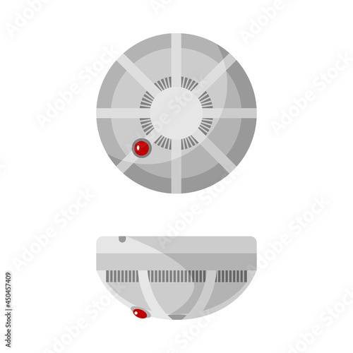 Icon fire prevention smoke detector sensor on white background. Gas sensor gray with red button in flat style.