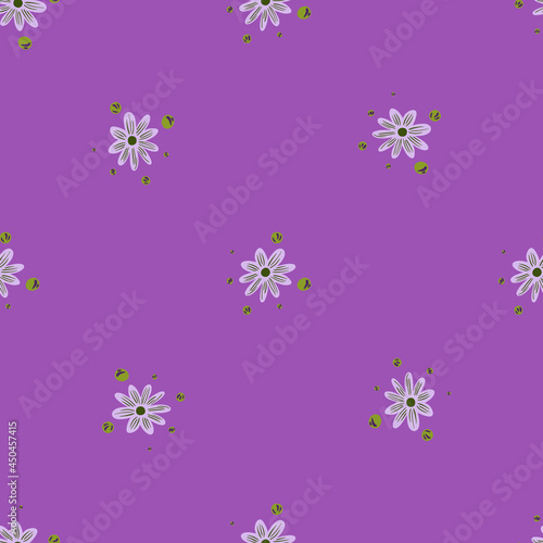 Minimalistic seamless pattern with simple style little flower silhouettes print. Pastel purple background.