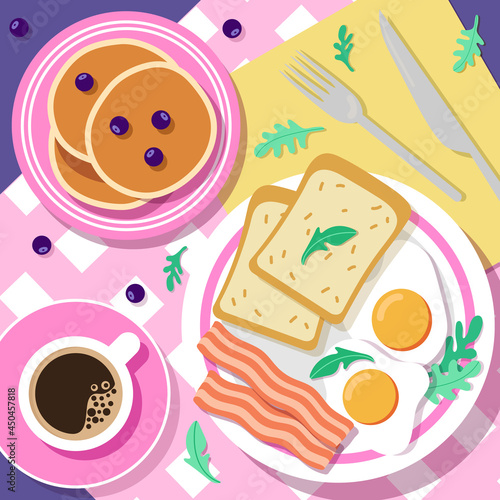 Bright breakfast vector illustration. Fried eggs, bacon, toast and blueberry pancakes on pink plates. Black coffee in a white mug with a saucer.