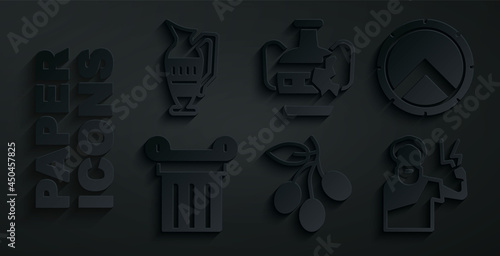 Set Olives branch, Greek shield, Ancient column, Zeus, Broken amphorae and icon. Vector