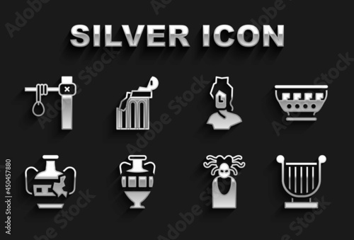 Set Ancient amphorae, Greek ancient bowl, lyre, Medusa Gorgon, Broken, bust sculpture, Gallows and column icon. Vector