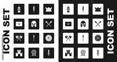 Set Viking in horned helmet, Medieval iron, Antique treasure chest, Crossed medieval spears, sword, Round wooden shield and axes icon. Vector