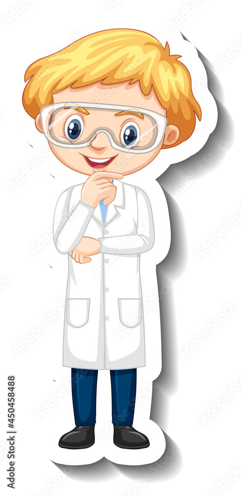 Cartoon character sticker with a boy in science gown Cartoon character sticker with a boy in science gown
