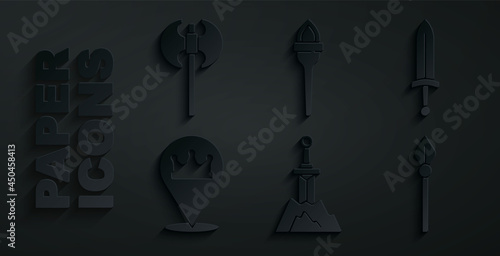 Set Sword in the stone, Medieval sword, Location king crown, spear, Torch flame and axe icon. Vector